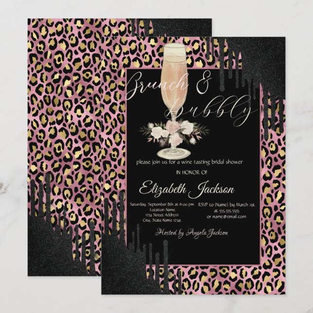Invitación Gotas, Vidrio, Flores Estampado Leopardo Brunch y  (Anverso / Reverso)
