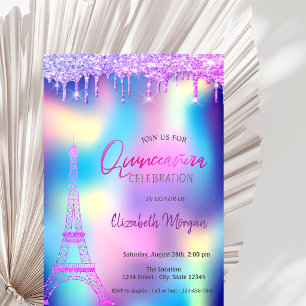 Invitación Gotas violetas Torre Eiffel Quinceañera holográfic
