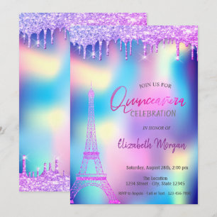 Invitación Gotas violetas Torre Eiffel Quinceañera holográfic