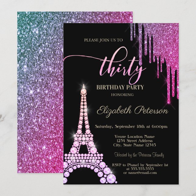 Invitación Gotear Brillo Genial, Diamantes de la Torre Eiffel (Anverso / Reverso)