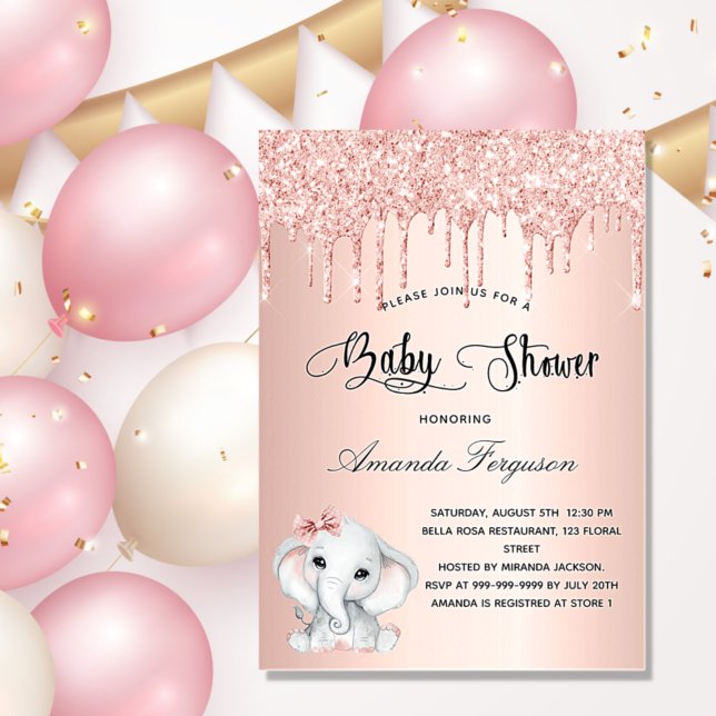 Invitación goteo del purpurina del chica de oro rosa de elefa (Subido por el creador)