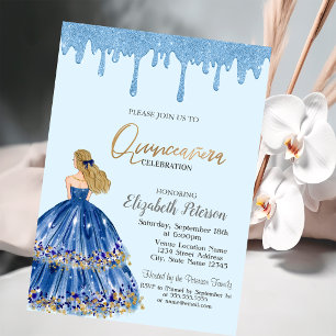 Invitación Goteos de brillo azul claro, vestido de niña Quinc