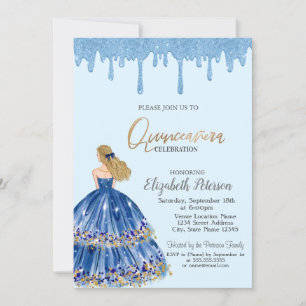 Invitación Goteos de brillo azul claro, vestido de niña Quinc