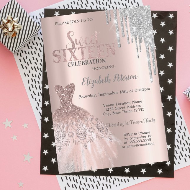 Invitación Goteos de brillo de plata Cool, Vestido de Rosa Do (Subido por el creador)