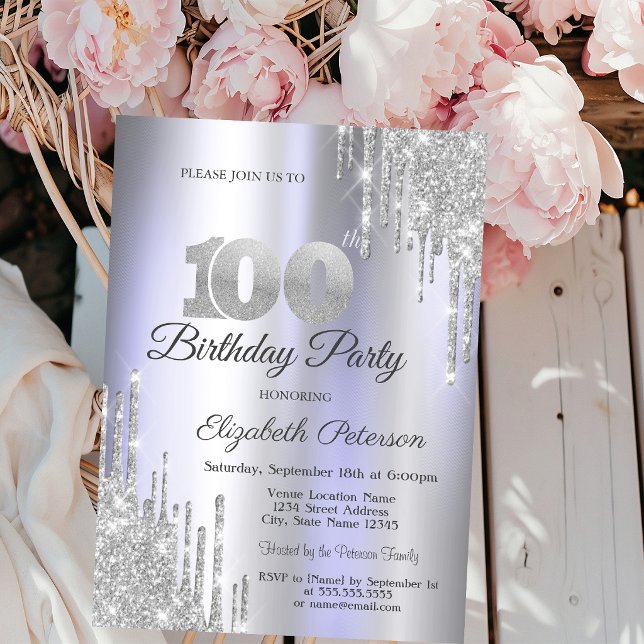 Invitación Goteos de brillo plateado Cumpleaños 100 morado cl (Subido por el creador)