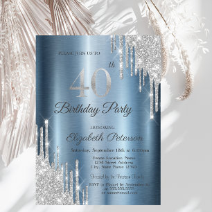 Invitación Goteos de brillo plateado Cumpleaños 40 azul metál