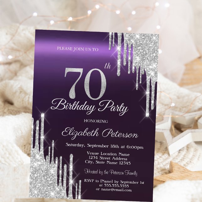 Invitación Goteos de brillo plateado Cumpleaños 70 oscuro púr (Subido por el creador)