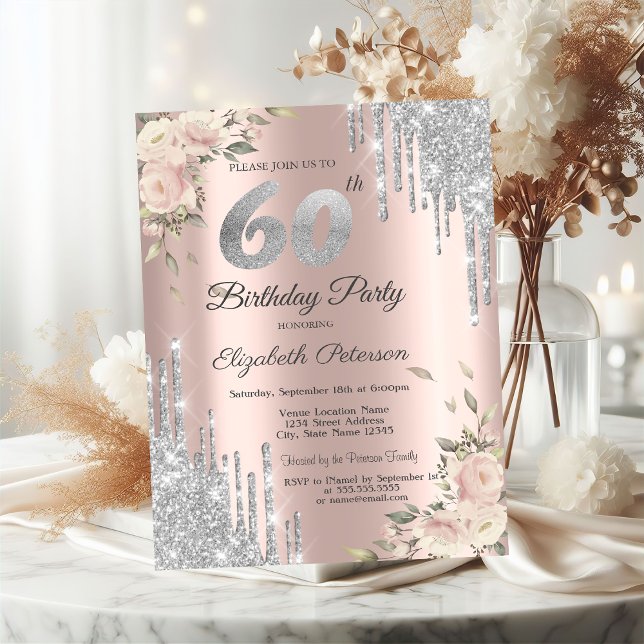Invitación Goteos de purpurina plateada, Rosas Cumpleaños 60 (Subido por el creador)