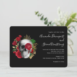 Invitación Goth Rojo Floral Calavera y Hojas Doradas