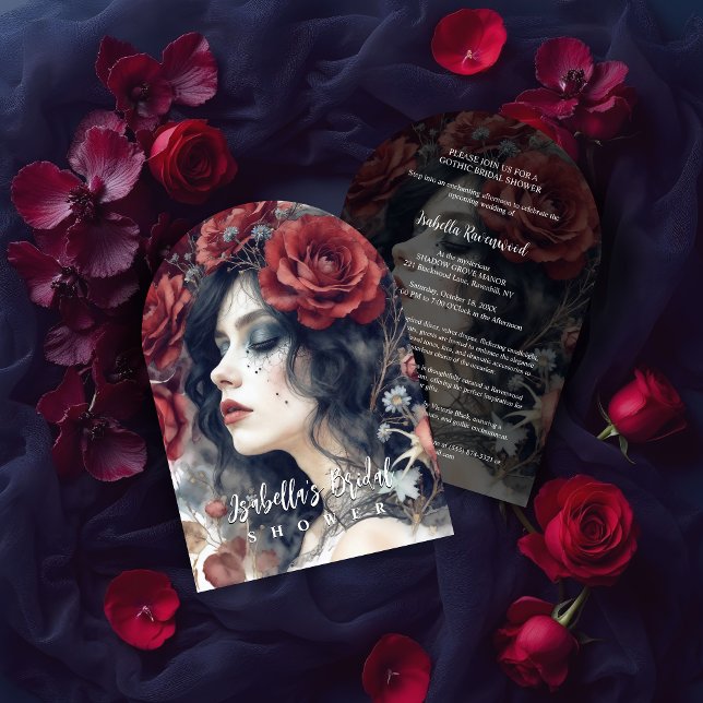 Invitación Gothic Attractive Girl Romantic Red Roses Bridal (Sophisticated Gothic Attractive Girl Romantic Red Roses Bridal Shower Invitation Cards.)
