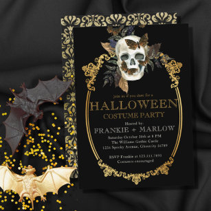 Invitación Gothic Black And Gold Skull Adult Halloween Party