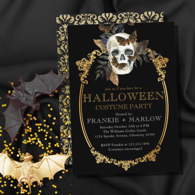 Invitación Gothic Black And Gold Skull Adult Halloween Party (Subido por el creador)