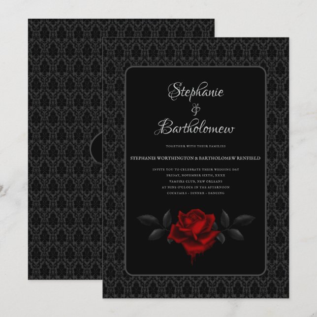 Invitación Gothic Black Damask Rose Wedding (Anverso / Reverso)