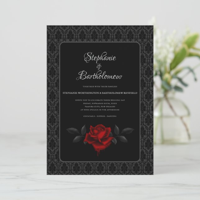 Invitación Gothic Black Damask Rose Wedding (Anverso de pie)