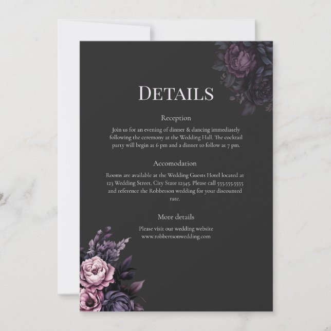 Invitación Gothic Black Floral Wedding Details Card (Anverso)