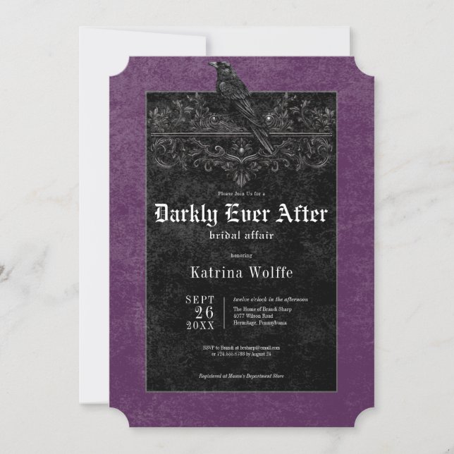 Invitación Gothic Black Raven & Roses Purple Bridal Shower (Anverso)