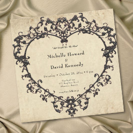 Invitación Gothic Black Tan Parchment Filigree Heart Wedding