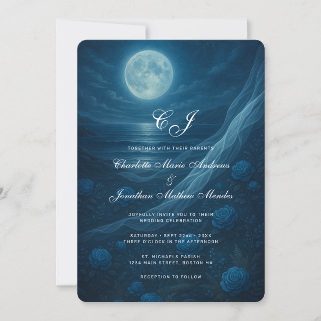 Invitación Gothic Blue Skeleton Couple Beach Moon Wedding (Anverso)