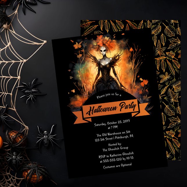 Invitación Gothic Eerie Faerie | Deja la fiesta de Halloween (Gothic Eerie Faerie and Leaves Halloween Party Invitation)