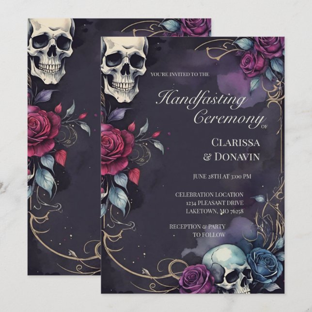 Invitación Gothic Elegant Skull & Rose Handfasting (Anverso / Reverso)