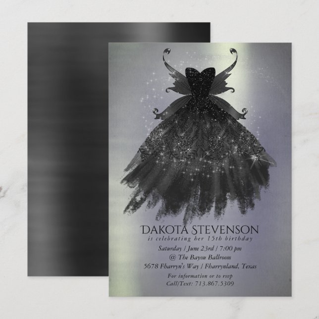 Invitación Gothic Fairy Black Gown | Vampy Gótico Glam Sheen (Anverso / Reverso)
