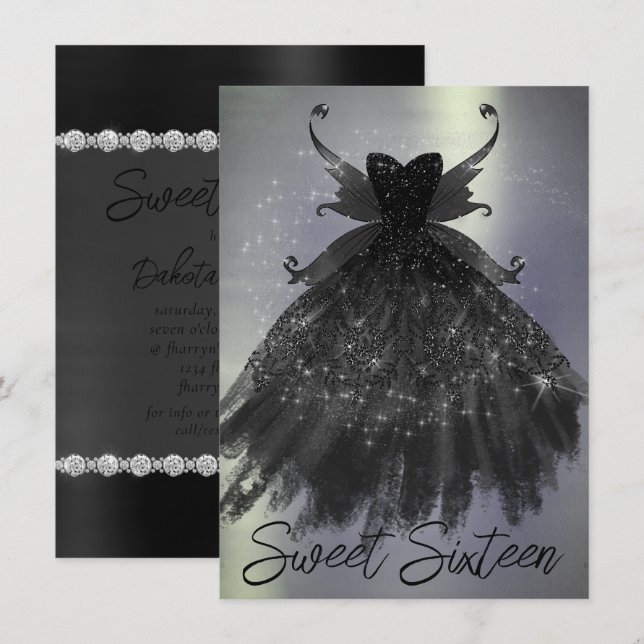 Invitación Gothic Fairy Black Gown | Vampy Gótico Glam Sheen (Anverso / Reverso)