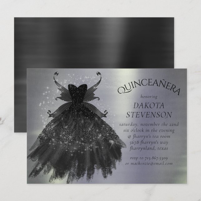 Invitación Gothic Fairy Black Gown | Vampy Gótico Glam Sheen (Anverso / Reverso)