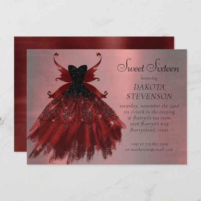 Invitación Gothic Fairy Gown | Radiant Crimson Red Sheen (Anverso / Reverso)