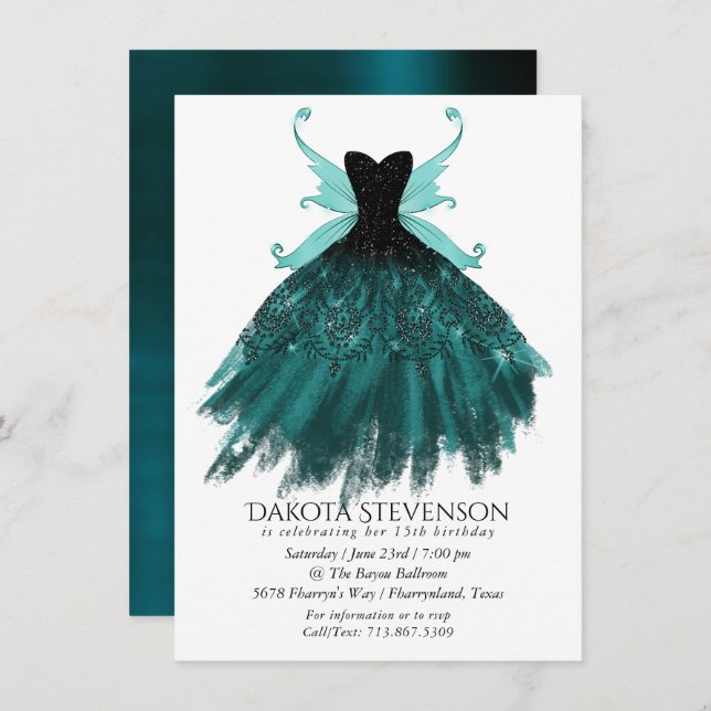 Invitación Gothic Fairy Verde azulado Gown | Oveja Verde Prof (Anverso / Reverso)