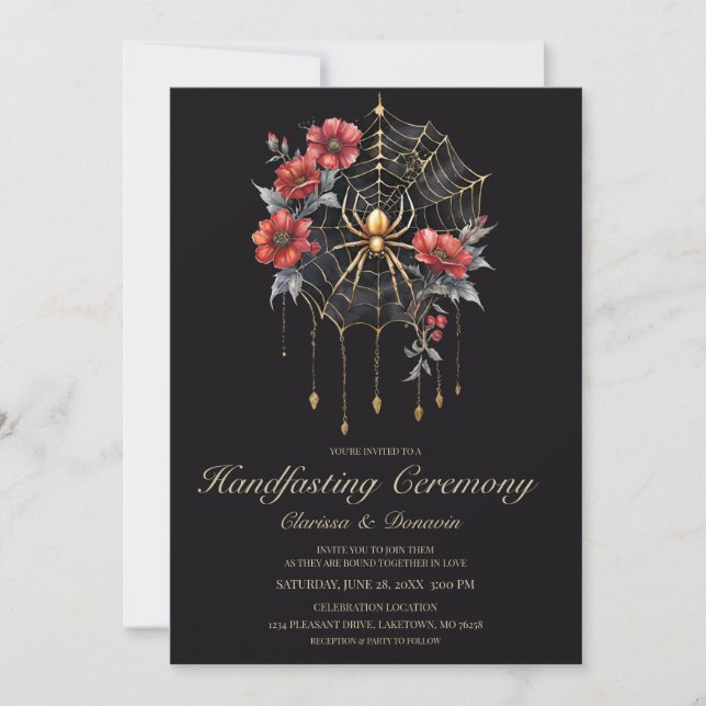 Invitación Gothic Gold & Red Spider Floral Web Handfasting (Anverso)