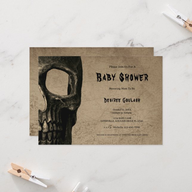 Invitación Gothic Half Skull Black Baby Shower Invitation (Anverso/Reverso In Situ)