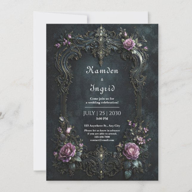 Invitación Gothic Ornate Purple Rose Filigree Wedding (Anverso)