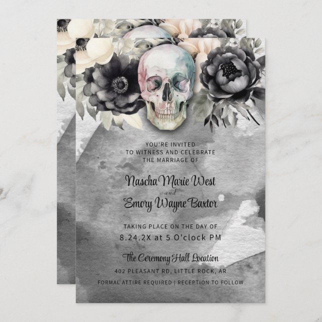 Invitación Gothic Peony & Skull Black Floral Wedding (Anverso / Reverso)