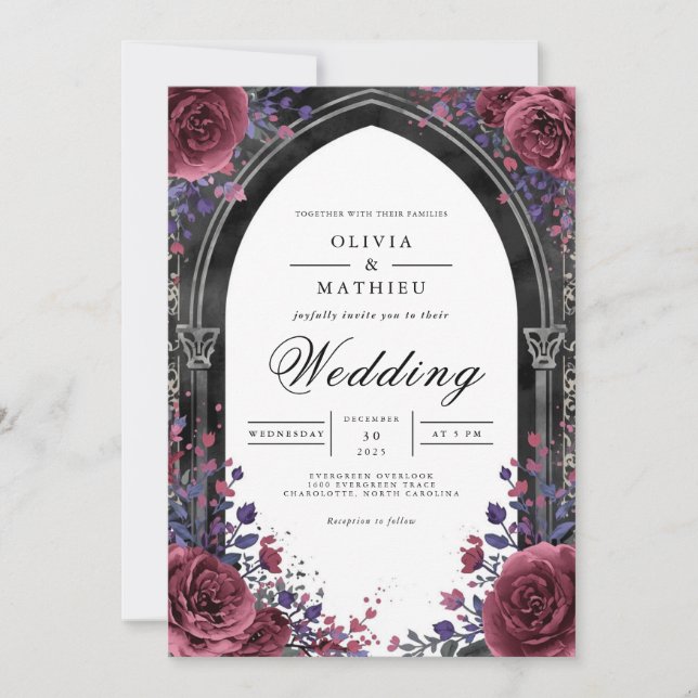 Invitación Gothic Plum Arch Floral Wedding (Anverso)