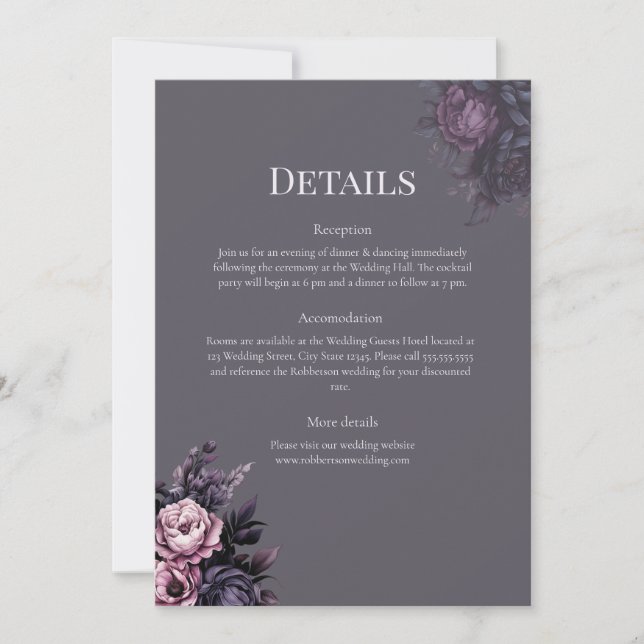 Invitación Gothic Plum Floral Wedding Details Card (Anverso)