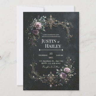 Invitación Gothic Purple Rose Gold Filigree Wedding