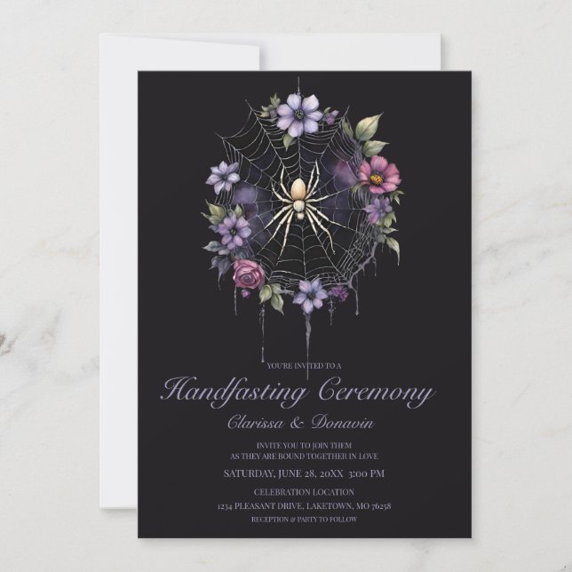 Invitación Gothic Purple Spider Floral Web Handfasting (Anverso)