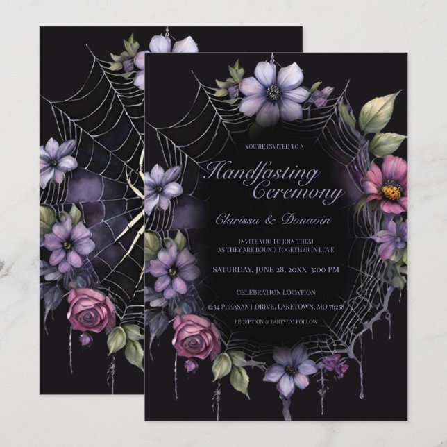 Invitación Gothic Purple Spider Floral Web Handfasting (Anverso / Reverso)