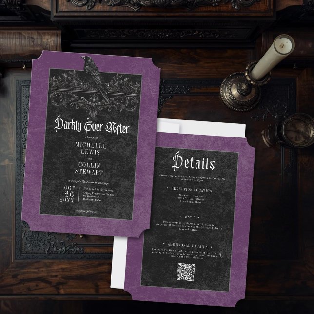 Invitación Gothic Raven Purple Darkly Ever After Wedding (Subido por el creador)