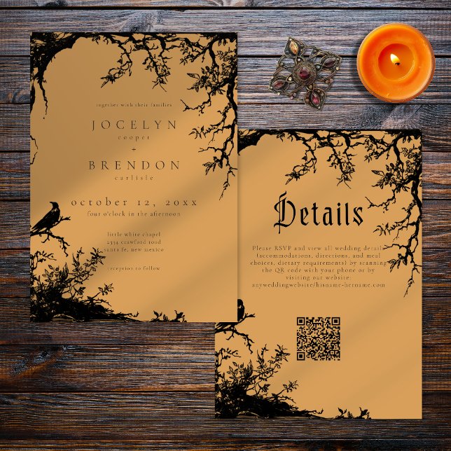 Invitación Gothic Raven Tree Engraving Black Orange Wedding (Subido por el creador)