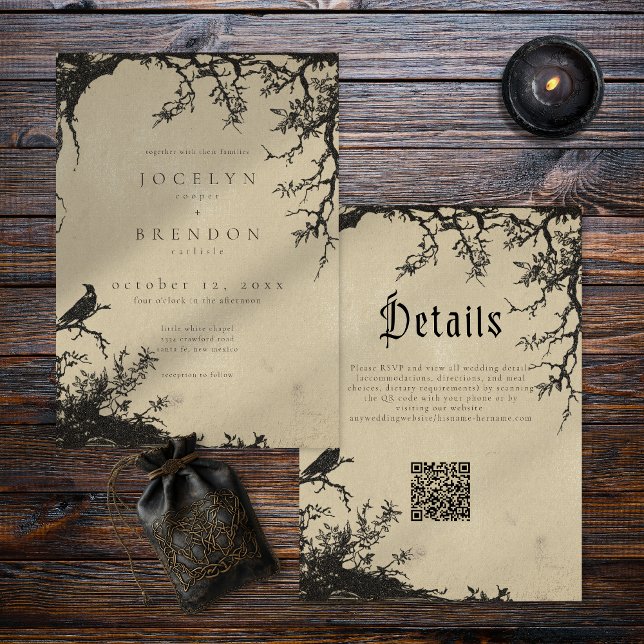 Invitación Gothic Raven Tree Engraving Black Tan Wedding (Subido por el creador)