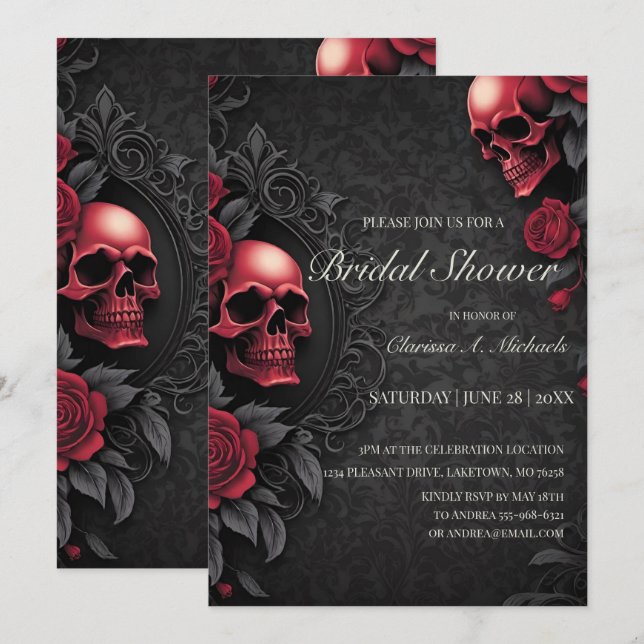 Invitación Gothic Red & Black Skull & Rose Bridal Shower (Anverso / Reverso)