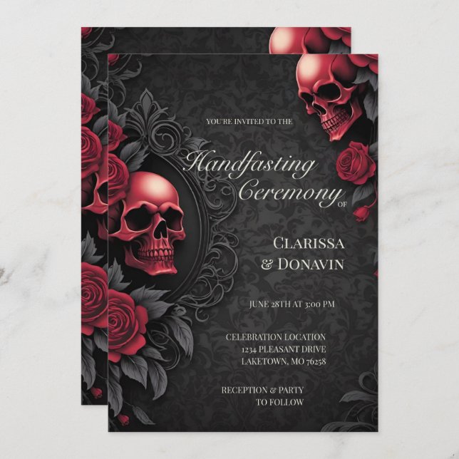 Invitación Gothic Red & Black Skull & Rose Damask Handfasting (Anverso / Reverso)