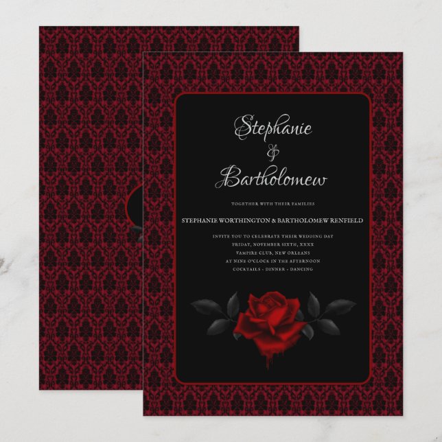 Invitación Gothic Red Damask Rose Wedding (Anverso / Reverso)