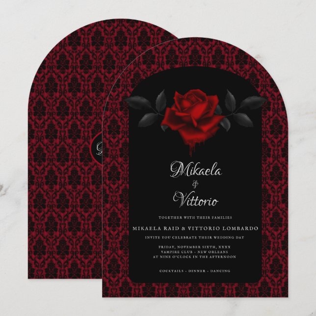 Invitación Gothic Red Damask Rose Wedding (Anverso / Reverso)