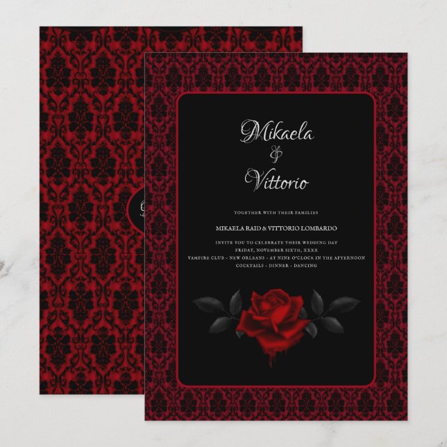 Invitación Gothic Red Damask Rose Wedding (Anverso / Reverso)