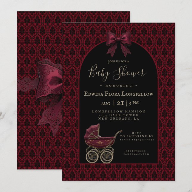 Invitación Gothic Red Damask Victorian Pram Baby Shower (Anverso / Reverso)