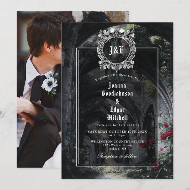 Invitación Gothic Ruins Roses Floral Monogram Photo Wedding (Anverso / Reverso)