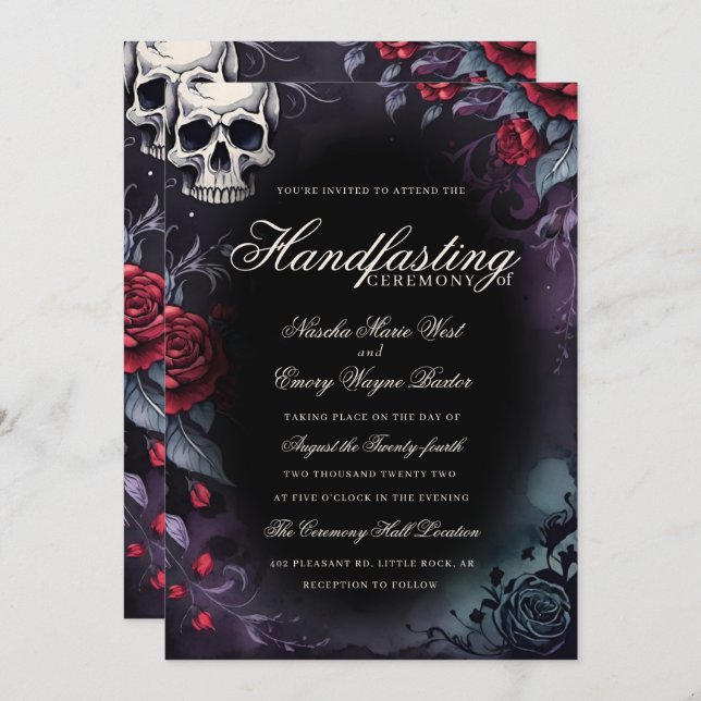Invitación Gothic Skull & Roses Purple Black Handfasting (Anverso / Reverso)