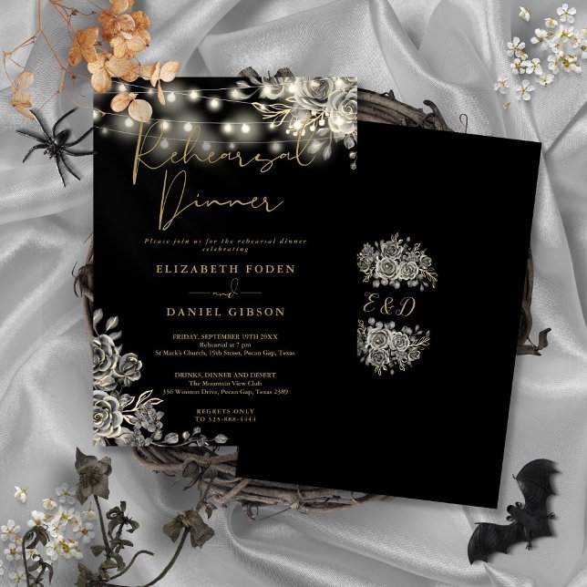 Invitación Gótica Black Gold Floral Luces Ensayo Cena (Gothic Black Gold Floral Lights Rehearsal Dinner Invitation)